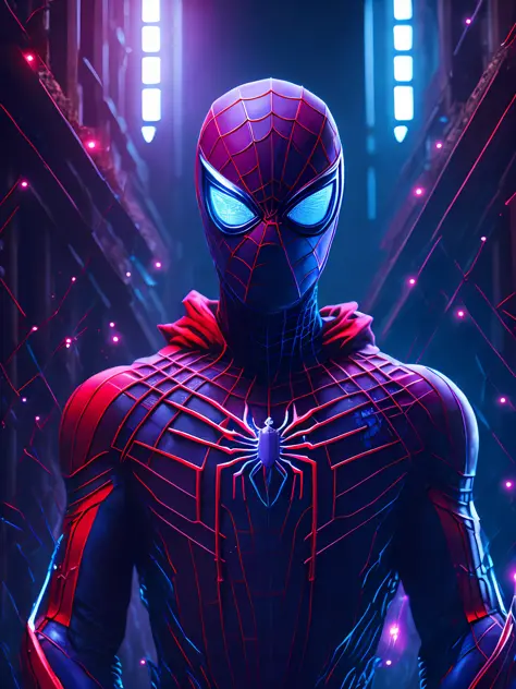 somber portrait of Cosmic Spider-Man from Marvel Comics with intricate angular cybernetic implants inside a brutalist building, gothic brutalist cathedral, cyberpunk, award-winning photo, bokeh, neon lights, cybernetic limb