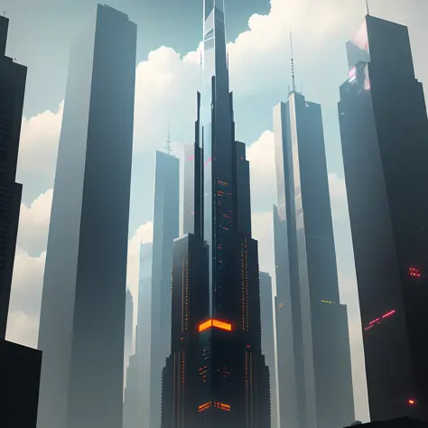 Skyscrapers piercing through the clouds Top Quality Cyberpunk