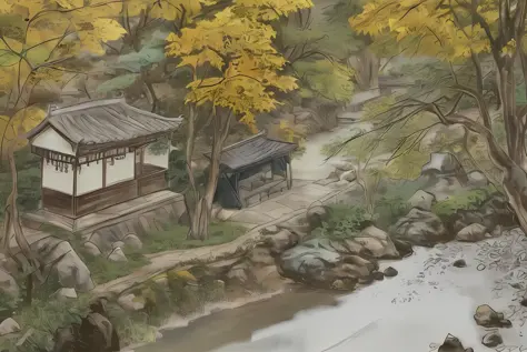 A thousand years ago in China, an uncle is busy stir-frying in front of his house, behind a stone hut, next to a stream, and a few ginkgo trees, the style is similar to Qingming Shanghetu, clay material, C4D, OC rendering