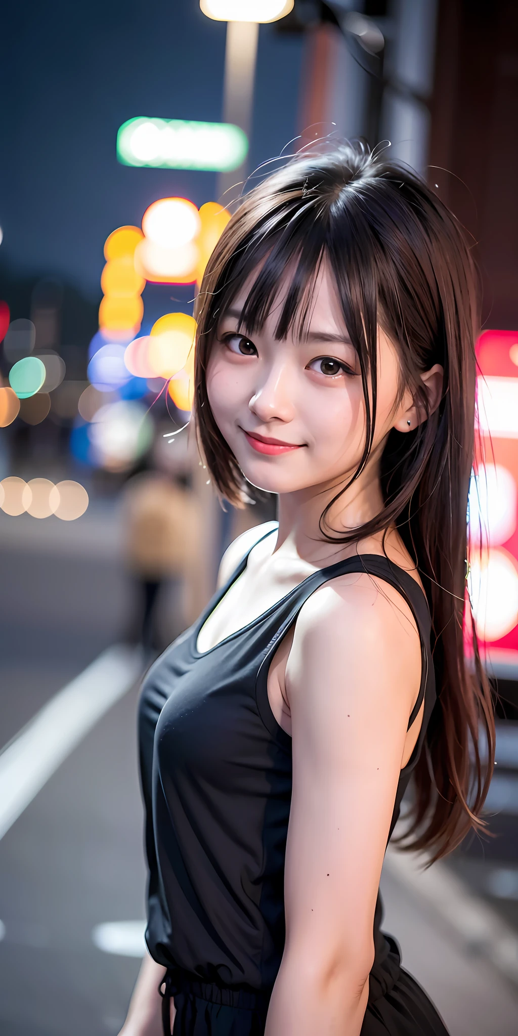 1 девушка, улица Токио,ночь, городской пейзаж,огни города,верхняя часть тела,крупный план,улыбка,, (8К, Необработанное фото, Лучшее качество, шедевр:1.2),(реалистичный, photo-реалистичный:1.37),