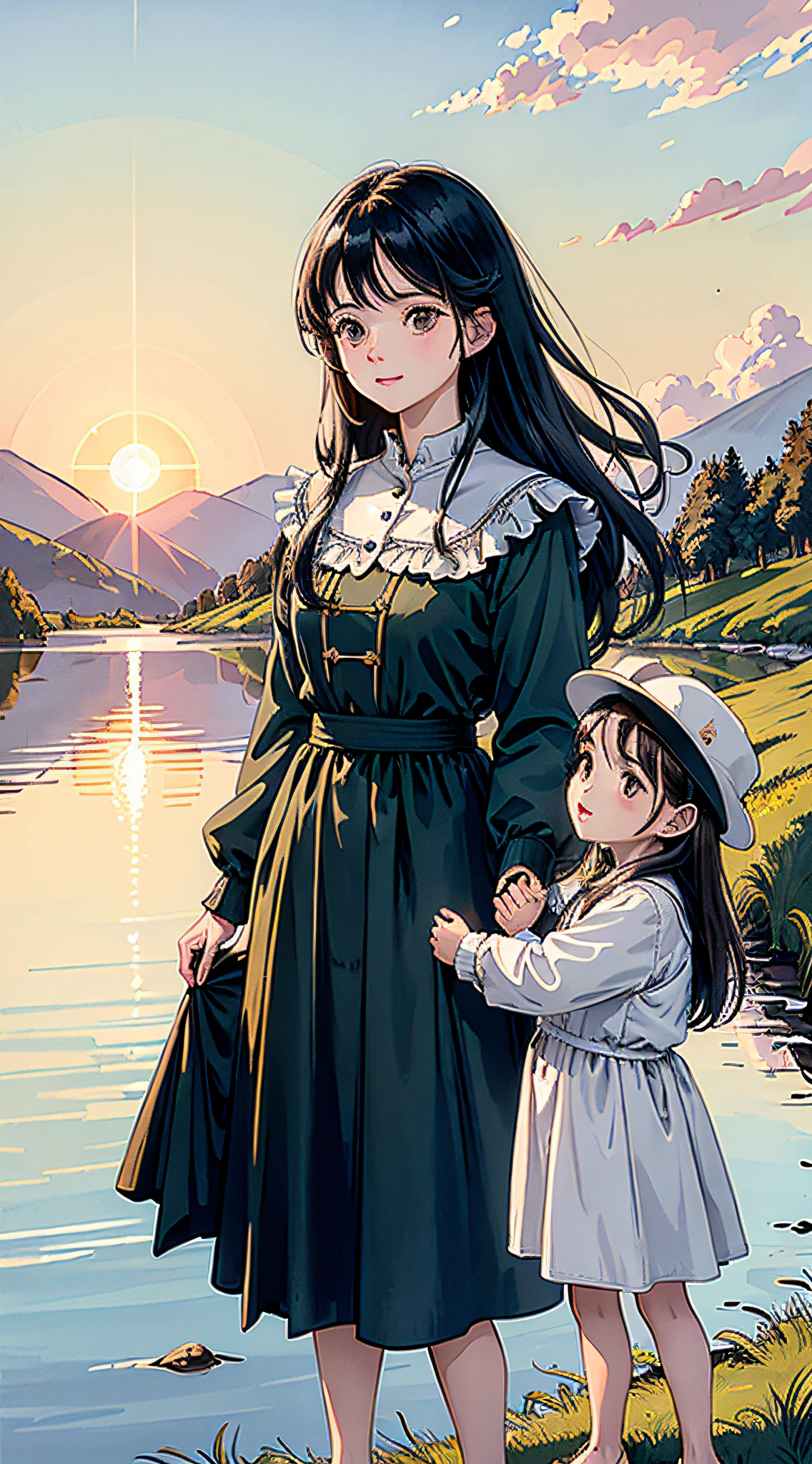 Middle-aged woman, child playing by the lake, hair pulling, sun, meadow, woman next to child, panic, looking for their , beautiful and delicate eyes, shiny hair, visible through hair, black hair, brown eyes, women, family wear, sun reflected light, silver metal, brilliance, Soviet style, diffuse reflection, metallic texture, sea of stars, high-profile, majestic, there is a big sun, strong sunlight, green meadows, long lakes, surreal colors, wonderful sky reflections, amazing sky, Fantastic atmosphere 8K, surreal sky, beautiful sky, amazing clouds
