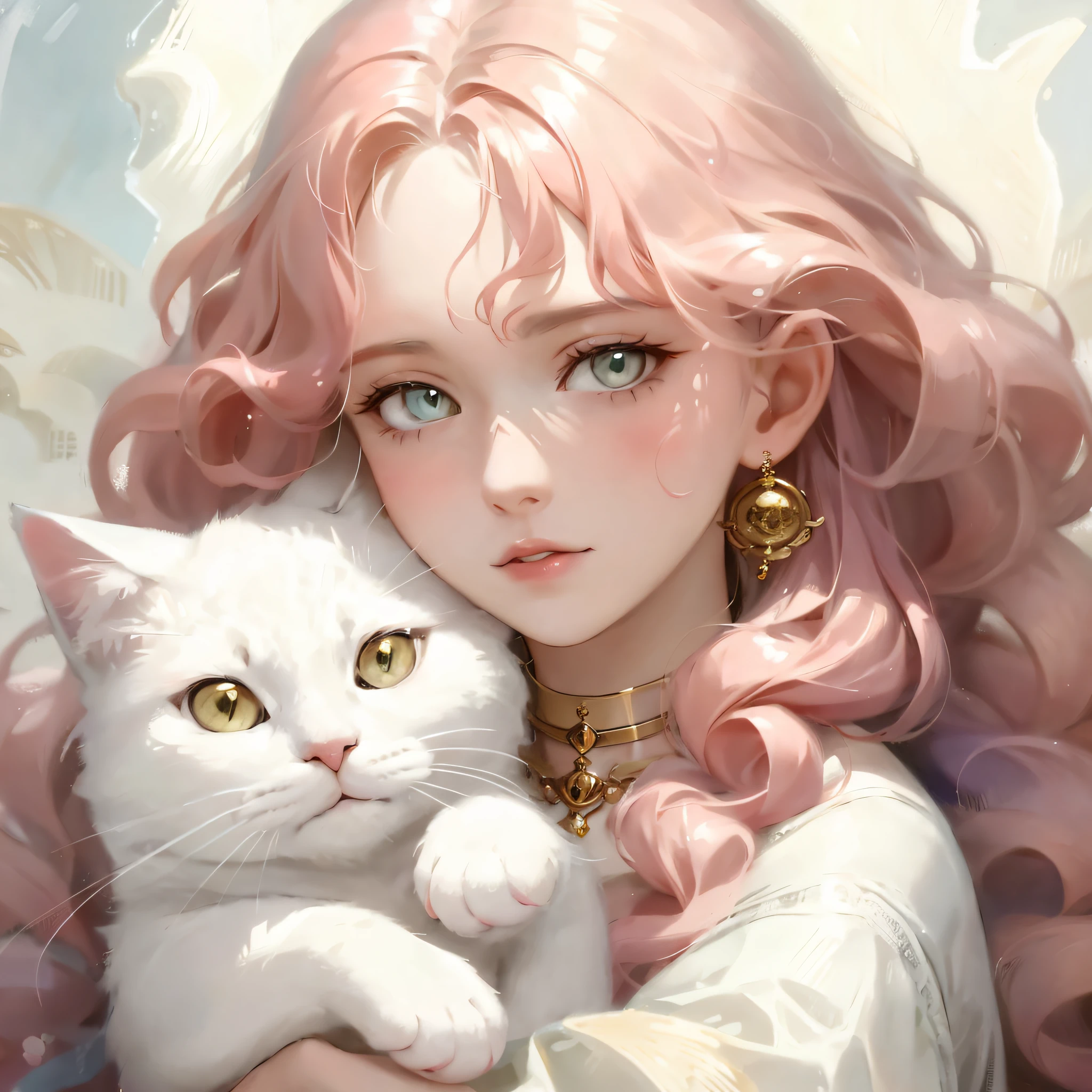 there is a woman with pink hair holding a белый кот, белый кот девочка, very beautiful cute котдевочка, beautiful anime котдевочка, very beautiful anime кот девочка, artwork in the style of Гувейз, Гувейз on pixiv artstation, Гувейз on artstation pixiv, белый ( кот ) девочка, Гувейз, cute anime котдевочка