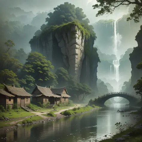 A river meanders through a dense prehistoric forest as rain falls incessantly. On the banks of the river, an ancestral city emerges, with rudimentary buildings and inhabitants dressed in animal skins. In the lush vegetation of the forest, a majestic sucuri...