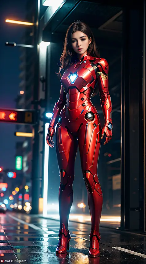 16K, realistic, charismatic, very detailed, a 20 year old girl a sexy and charming woman inspired by Iron Man and wearing a shiny Iron Man mech. Her dress shows sexiness and confidence, perfectly interpreting the power and charm of Iron Man. Set in cyberpu...