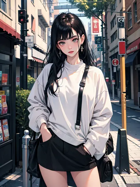 Young woman 25 years old: 1.3, Long black hair: 1.2, Casual wear: 1.2, Daytime: 1.2, On the street: 1.2, Film lighting, Surrealism, UHD, ccurate, Super detail, textured skin, High detail, Best quality, 8k