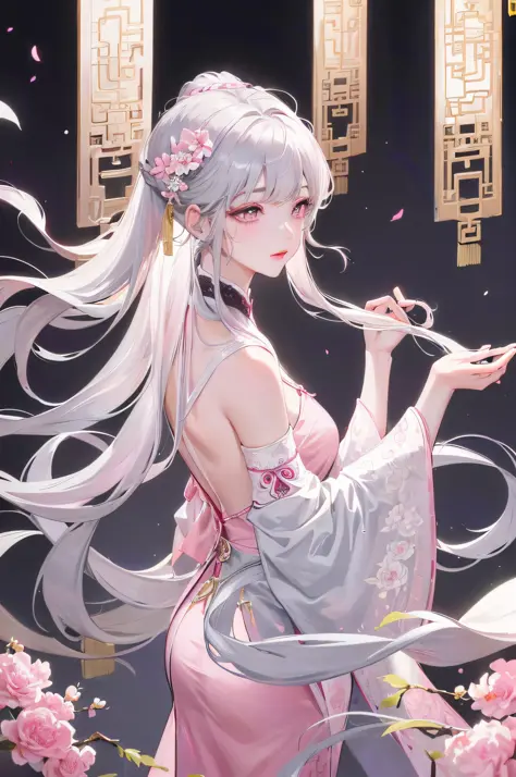 8K Masterpiece Superb Night Full Moon 1 Woman Chinese Style Chinese Architecture Mature Woman Sister Silver White Long Hair Woman Long Hair Light Pink Lips Calm Rational Bangs Gray Pupils Pink Flowers on Head, Flower Background, Petal Dancing, Delicate Fac...