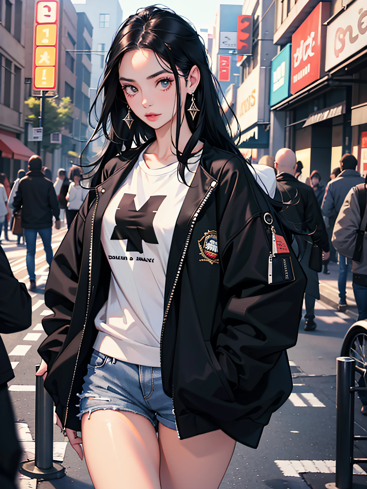 Young woman 25 years old: 1.3, Long black hair: 1.2, Casual wear: 1.2, Daytime: 1.2, On the street: 1.2, Film lighting, Surrealism, UHD, ccurate, Super detail, textured skin, High detail, Best quality, 8k