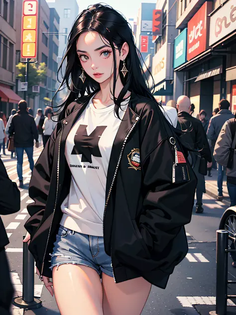 Young woman 25 years old: 1.3, Long black hair: 1.2, Casual wear: 1.2, Daytime: 1.2, On the street: 1.2, Film lighting, Surreali...