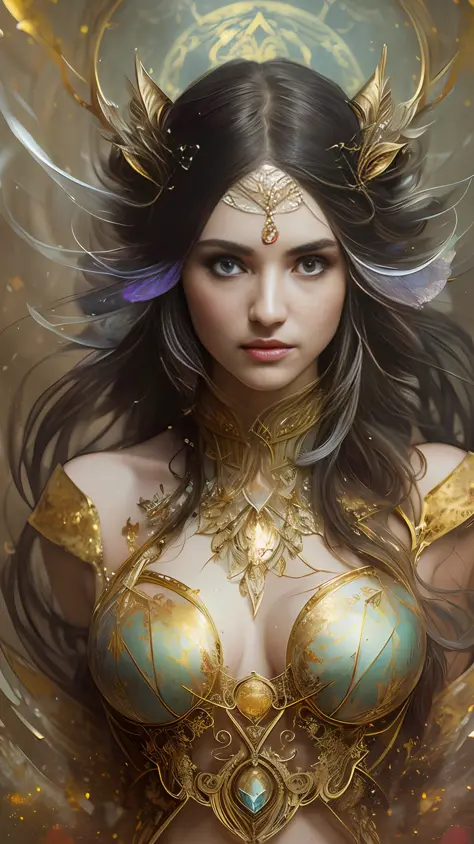 a beautiful full figure painting of perfect female elf woman, shapeless long hair, black hair, white hair, huge mammaries, perfect features, wearing Rococo style dress, art by Carne Griffiths and Wadim Kashin Concept art, ethereal background, abstract beau...