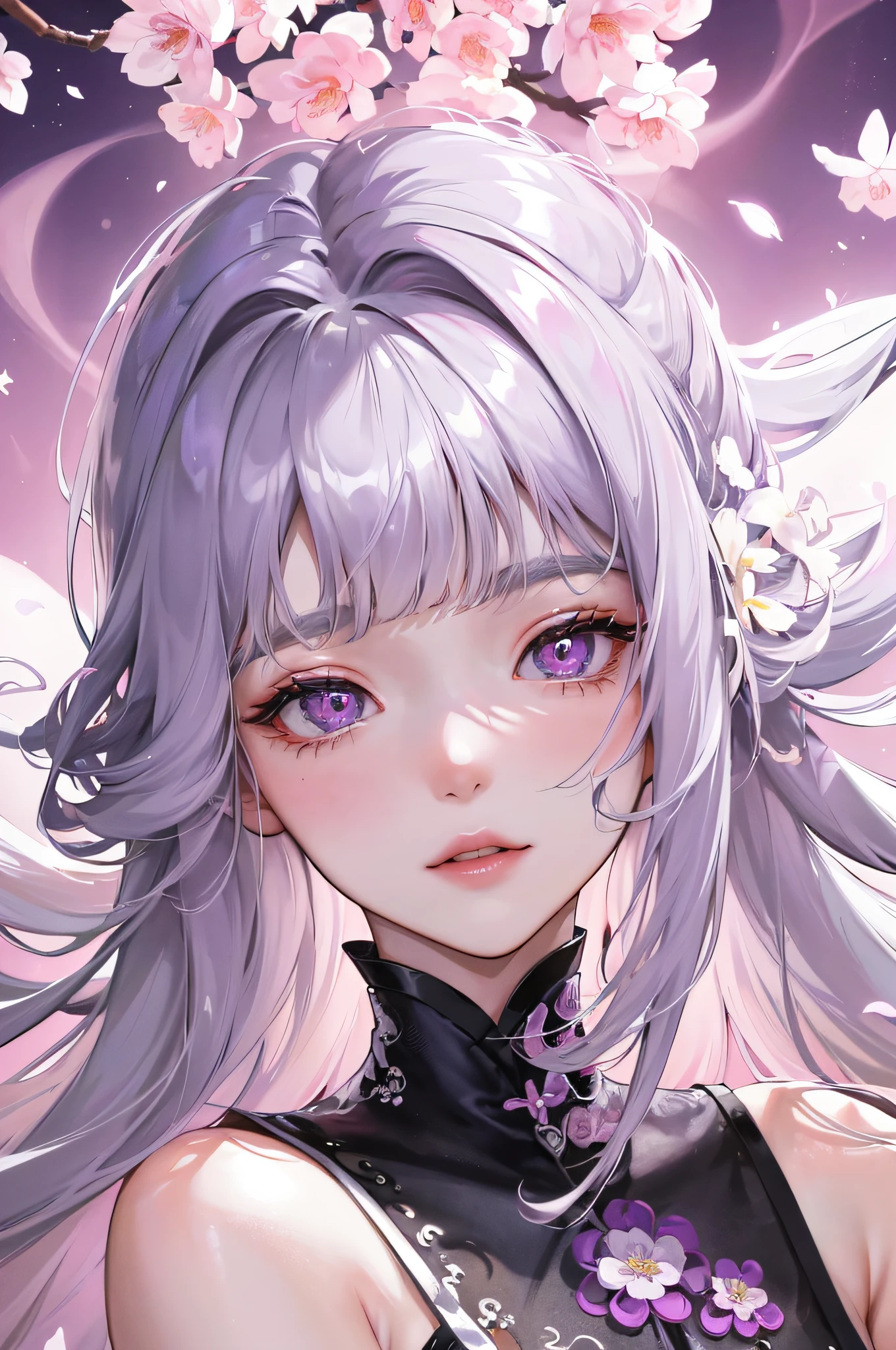 8K, Masterpiece, Best Night Full Moon, 1 Girl, Chinese Style, Chinese Architecture, Mature Woman, Sister Silver White, Long Hair Woman, Long Hair Light Pink Lips, Calm and Rational Bangs, Purple Pupils, Pink Flowers on Head, Flower Background, Petals Dancing, Delicate Face, Delicate Hands, Close Up