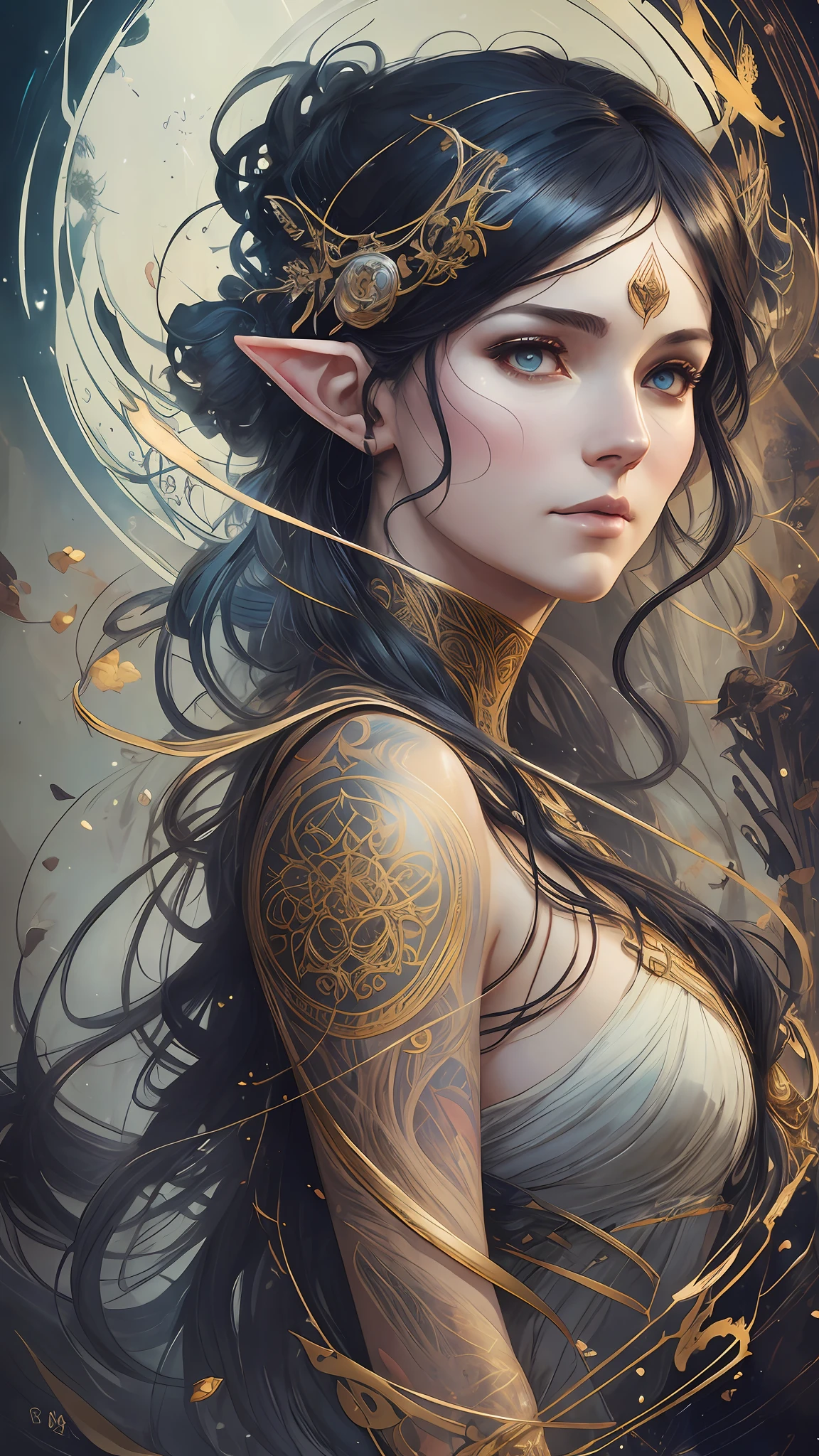 a beautiful full figure painting of perfect female elf woman, shapeless long hair, black hair, white hair, huge mammaries, perfect features, wearing Rococo style dress, art by Carne Griffiths and Wadim Kashin and John William Waterhouse, Concept art, ethereal background, abstract beauty, near perfection, pure form, Golden Ratio, minimalism, unfinished, concept art, By Brian Froud and Carne Griffiths and Wadim Kashin and , intricate detail, 8k post-production, High resolution, super Detail, art station Trends, sharp focus, studio photos, intricate detail, Very detailed, By Greg Rutkowski --auto --s2