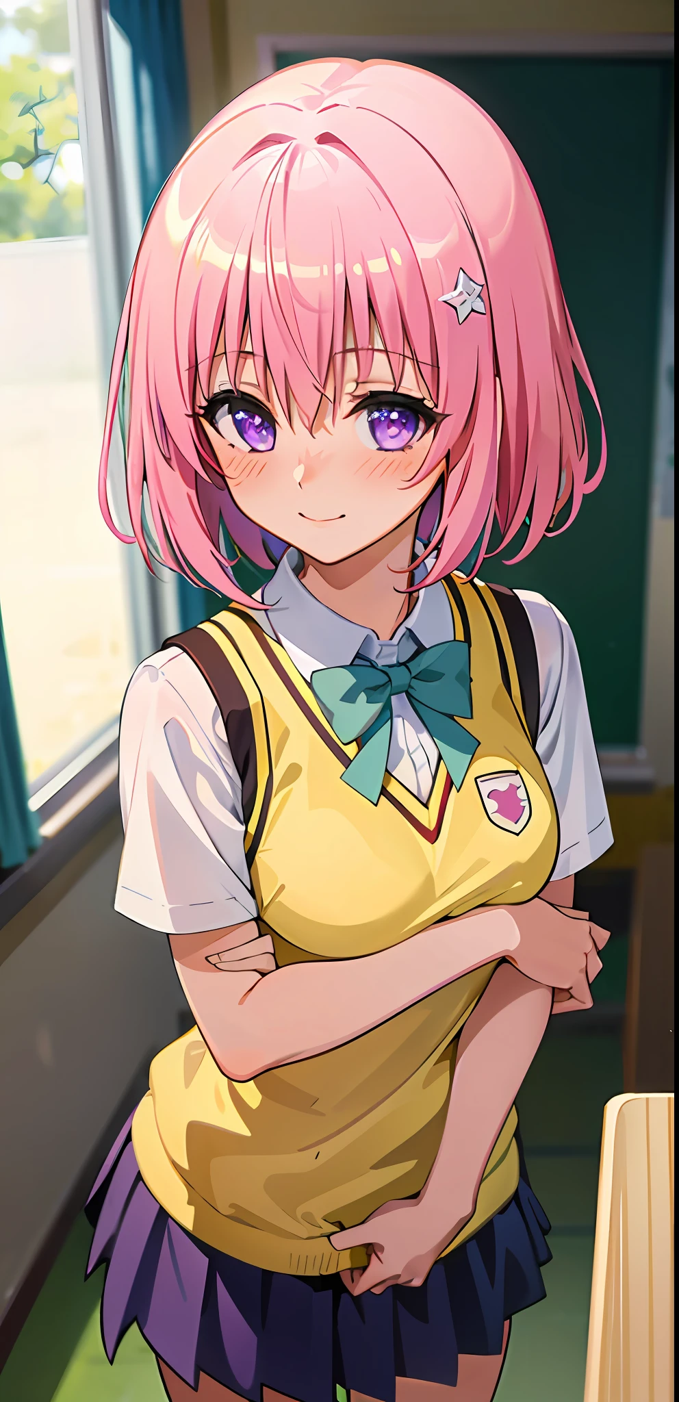 Anime girl with pink hair and blue eyes in school uniform - SeaArt AI