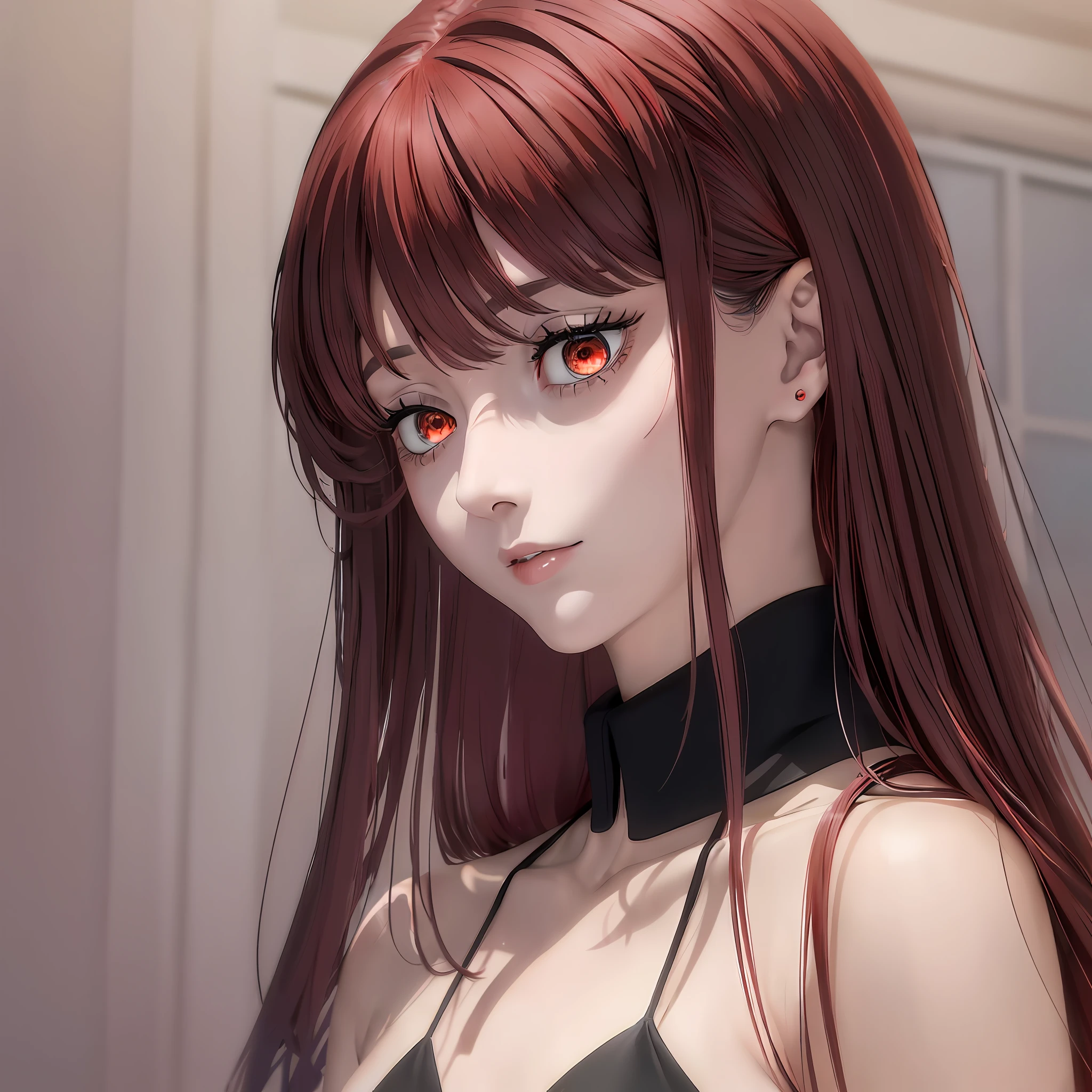 Masterpiece) (Superb Girl) (Beautiful Girl) (Black and Red Hair) (Long Hair) (Red Eyes) (Sickness) (Straight Look) (Close-up of a Woman) (Super Delicate) (High resolution) (Sparkling Eyes) (Perfect Eyes) (15 years old) (Black and Red Color Scheme) (Light from the side), black long