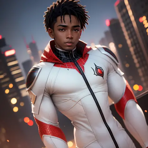 a latino black boy in a Miles Morales all-white and red costume. cinematic composition + intricate detailed, + rim lighting + focus + bokeh, 1X + Unsplash, taken by Canon EOS R5 RF85mm F1.8 MACRO lens 1/100sec ISO100   2:3 --auto --s2