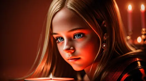 10 YEAR OLD GIRL STRAIGHT BLONDE HAIR,ULTRA REALISTIC, MASTERPIECE, , REALISTIC PHOTO, CANDLES AND FIRE, RED BACKGROUND (raw photo: 1.2), (photorealistic: 1.4), (best quality: 1.4), (ultra highres: 1.2), (highly detailed: 1.3), --auto --s2