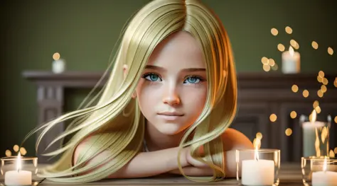 10 YEAR OLD GIRL STRAIGHT BLONDE HAIR,ULTRA REALISTIC, MASTERPIECE, , PHOTOREALISTIC, CANDLES AND FIRE, GREEN BACKGROUND (raw photo: 1.2), (photorealistic: 1.4), (best quality: 1.4), (ultra highres: 1.2), (highly detailed: 1.3), --auto --s2