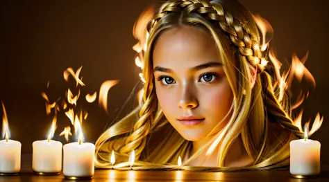 10 YEAR OLD GIRL LONG BLONDE HAIR WITH BRAIDS ,ULTRA REALISTIC, MASTERPIECE, , REALISTIC PHOTO, CANDLES AND FIRE , GOLD BACKGROUND (raw photo: 1.2), (photorealistic: 1.4), (best quality: 1.4), (ultra highres: 1.2), (highly detailed: 1.3), --auto --s2