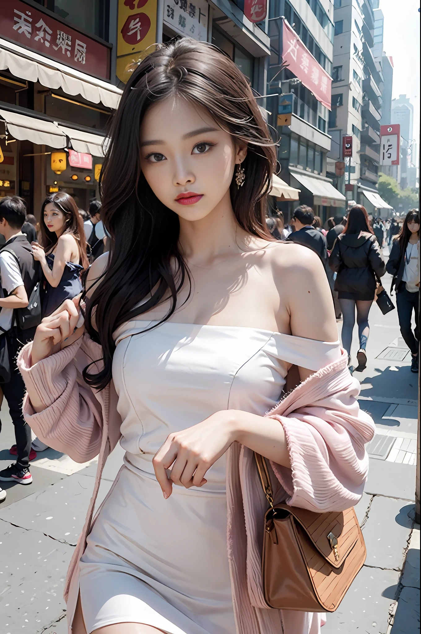 Chengdu Taikoo Li Street Photo Pink slip dress, off-the-shoulder bandeau Big wavy hair Street white skin