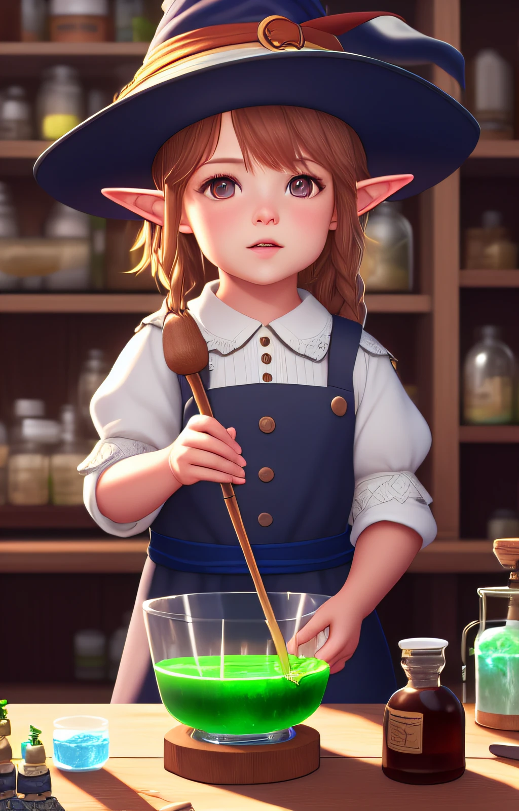 (extremely detailed CG unity 8k wallpaper), (masterpiece), (best quality), (realistic), fantasy, elf, (((child))), making potions, kid, student, linen dress, witch hat