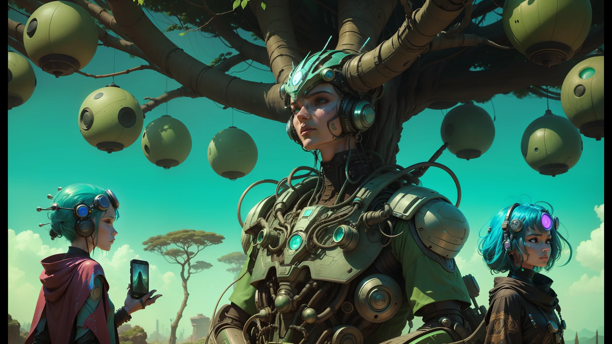 there are two women next to a robot tree with fruit, awesome sci-fi concept art, moebius and android jones, portrait of a robot shaman, from a 2 0 1 9 8k sci-fi movie, baobab tree, screenshot of a film, very surreal garden, hyper-detailed face, by Kilian Eng, cyberpunk statue, sifi --auto --s2