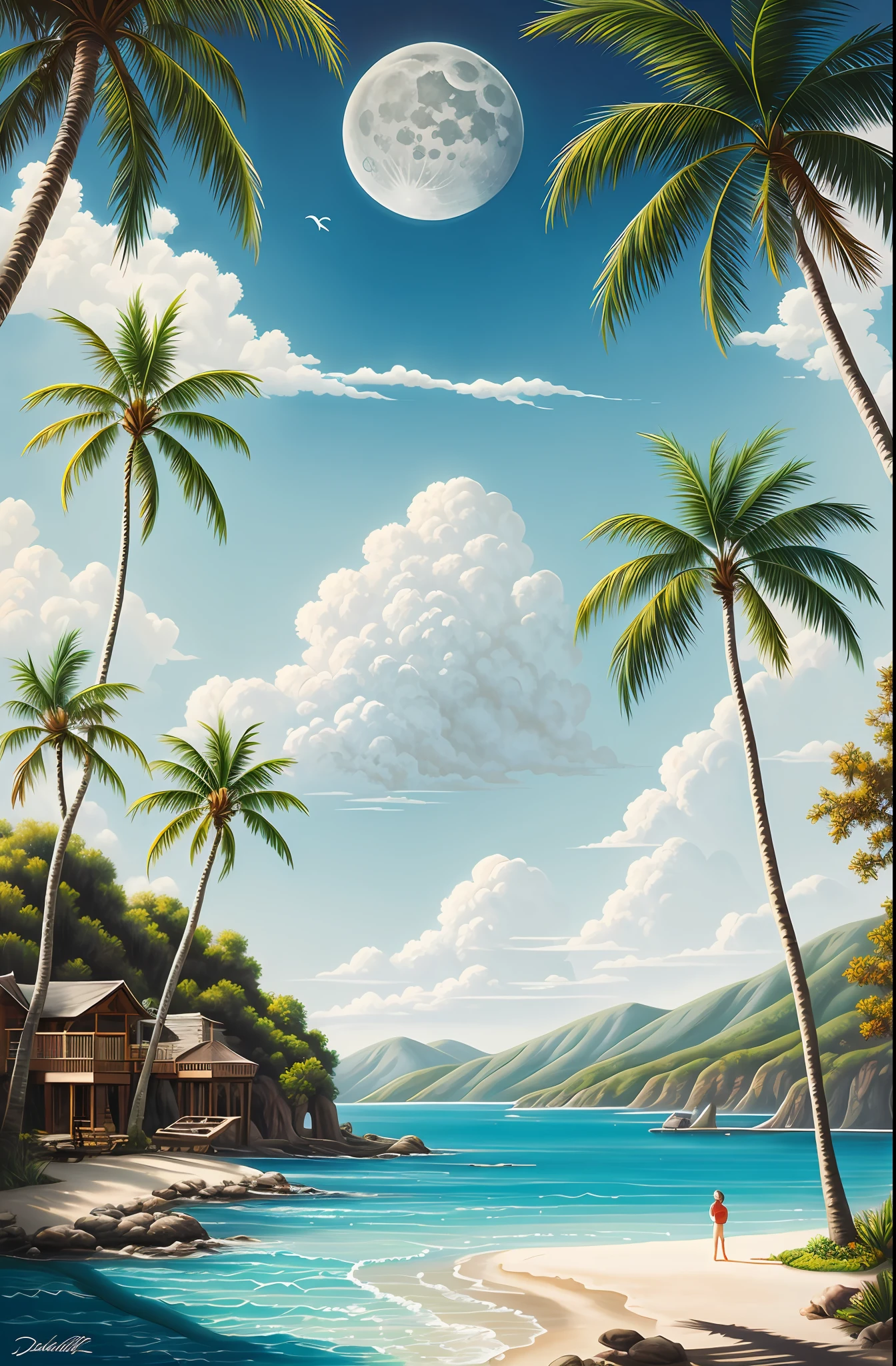 style Disney moderne, peinture à l&#39;huile, une peinture, pas d&#39;humains, arbre, eau, poisson, lune, eaucraft, paysage, Océan, Ciel, nuage, En plein air, soleil, corail, bateau, palm arbre, David Martin, Océan, une peinture à l’aérographe, art fantastique, (chef-d&#39;œuvre:1.2), (illustration:1.1), (Meilleure qualité:1.2), (détaillé), (complexe), (8k), (HDR), (fond d&#39;écran), (Éclairage cinématographique), (netteté),