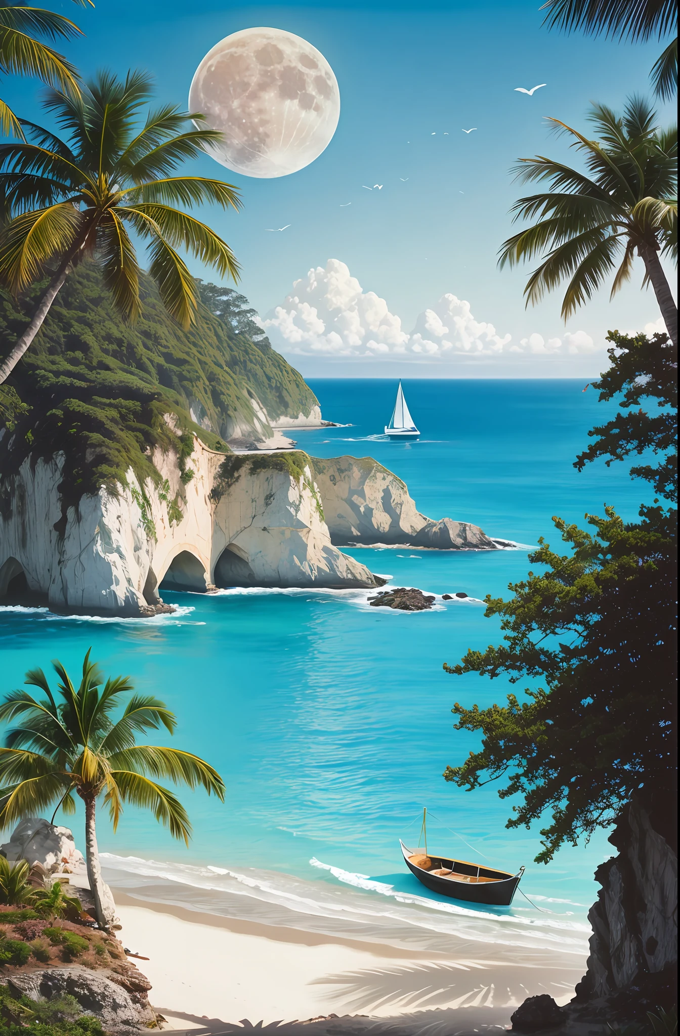 modern disney style, oil painting, a painting, no humans, tree, water, fish, moon, watercraft, scenery, ocean, sky, cloud, outdoors, sun, coral, boat, palm tree, David Martin, ocean, an airbrush painting, fantasy art, (masterpiece:1.2), (illustration:1.1), (best quality:1.2), (detailed), (intricate), (8k), (HDR), (wallpaper), (cinematic lighting), (sharp focus),