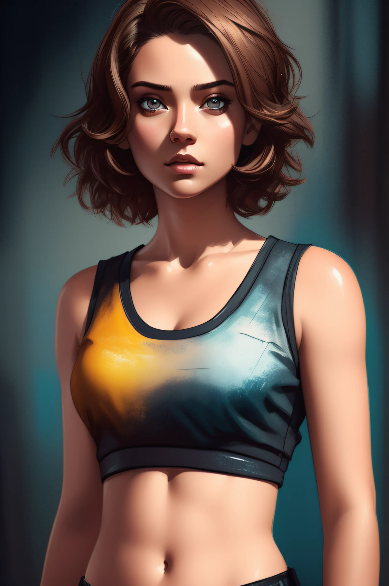 dreamlikeart, High detail, digital painting, intricate, 8k, ((highly detailed)), cinematic lighting, dramatic light, intense, sharp focus, best quality, hyper detail.

masterpiece, tomboy, short hair, crop top, realistic

 inkpun