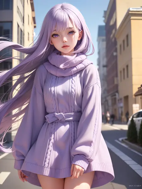 (masterpiece:1.1), (detailed:1.1), (realistic:0.8), 1girl, (pale purple hair:1.2) + (long hair:1.1), medium breasts, (sweater dr...