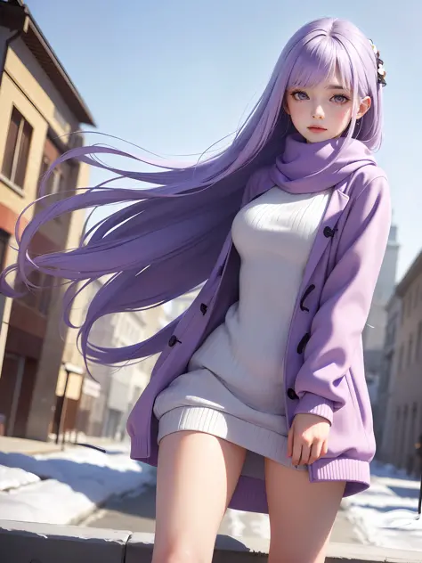 (masterpiece:1.1), (detailed:1.1), (realistic:0.8), 1girl, (pale purple hair:1.2) + (long hair:1.1), medium breasts, (sweater dr...