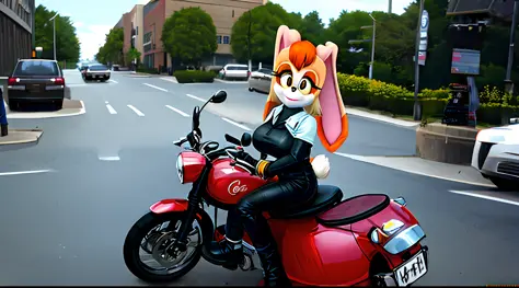 "Vanilla the Rabbit" wearing black motorcycle leathers riding a motorbike, large breasts, photorealistic, real world, extreme de...