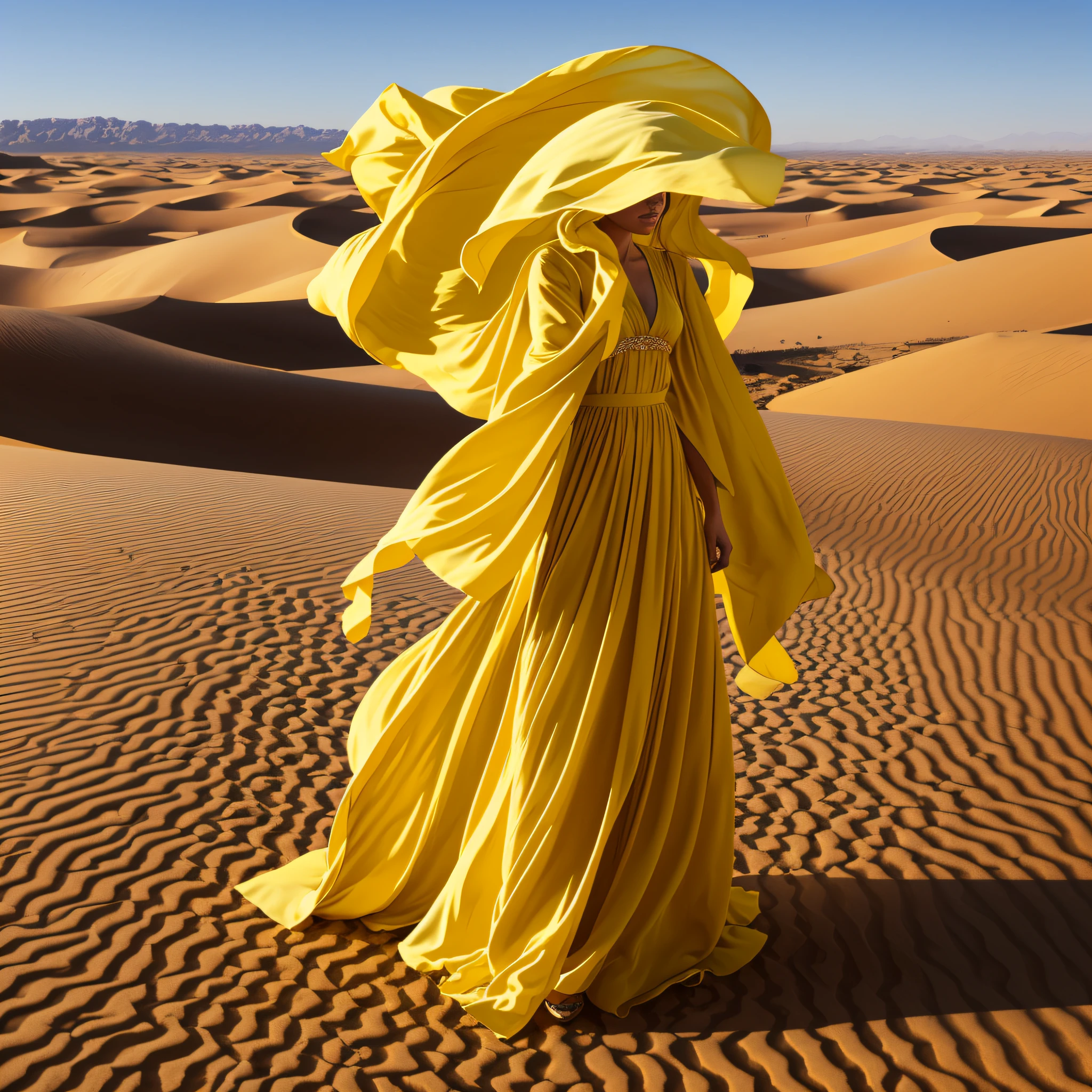 A woman in a yellow dress and a yellow shaw is standing in the desert ...