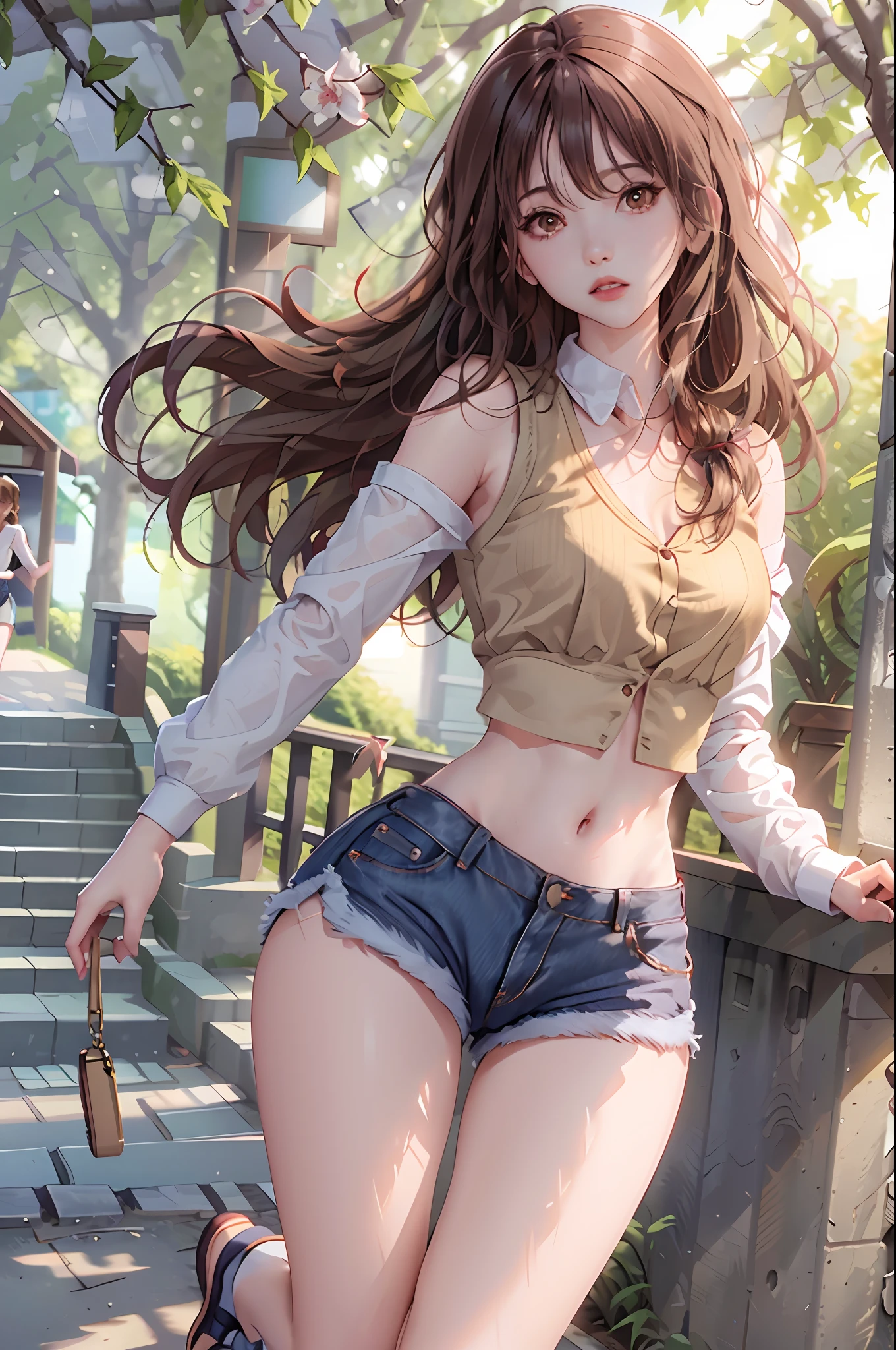 ((medium breast, tomboy girls, small head)), daylight, sunlight, (chiseled abs : 1.1), (perfect body : 1.1), (short wavy hair : 1.2) , auburn hair, collar, chain, full body shot, crowded street, wearing black tanktop, jeans jacket, ((shorts)), (extremely detailed CG 8k wallpaper), (an extremely delicate and beautiful), (masterpiece), (best quality:1.0), (ultra highres:1.0),  beautiful lighting ,perfect lightning, realistic shadows, [highres], detailed skin, ultra-detailed