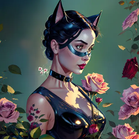 catwoman in old-fashioned dress with roses, the scene should be dark and moody, with a focus on intricate details and smooth tex...