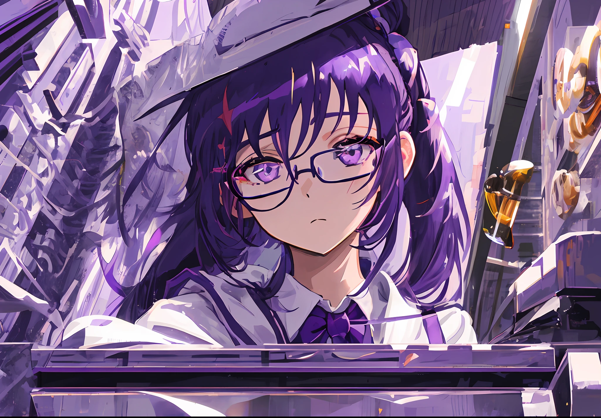 Masterpiece, best quality, ultra-detailed, illustration, close-up, direct vision, face focus, laboratory, Erlenmeyer flask with purple liquid, 1girl, purple hair, purple eyes, long hair, single ponytail, purple square-framed glasses, white lab gown, cold, calm expression, looking at the viewer