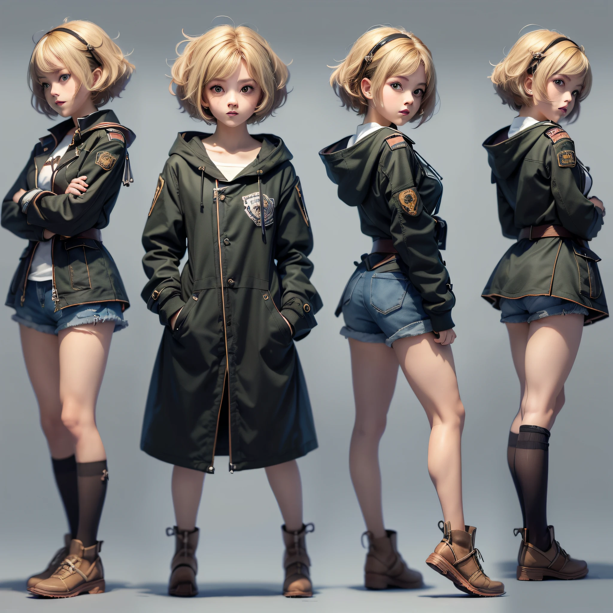 ((masterpiece)),((best quality))),(((character design sheet, same character, front, side, back)),(illustration), (1 CUTE ), FEMALE, JAPANESE ANIME STYLE, (Teen), smiling girl, (full body), (moletón coat and short shorts), blonde hair, black eyes, stylish stuck hair, cute, cute green eyes, scene change environment, pose too, charturnbetalora, (simple background, white background:  1.3) --auto --s2