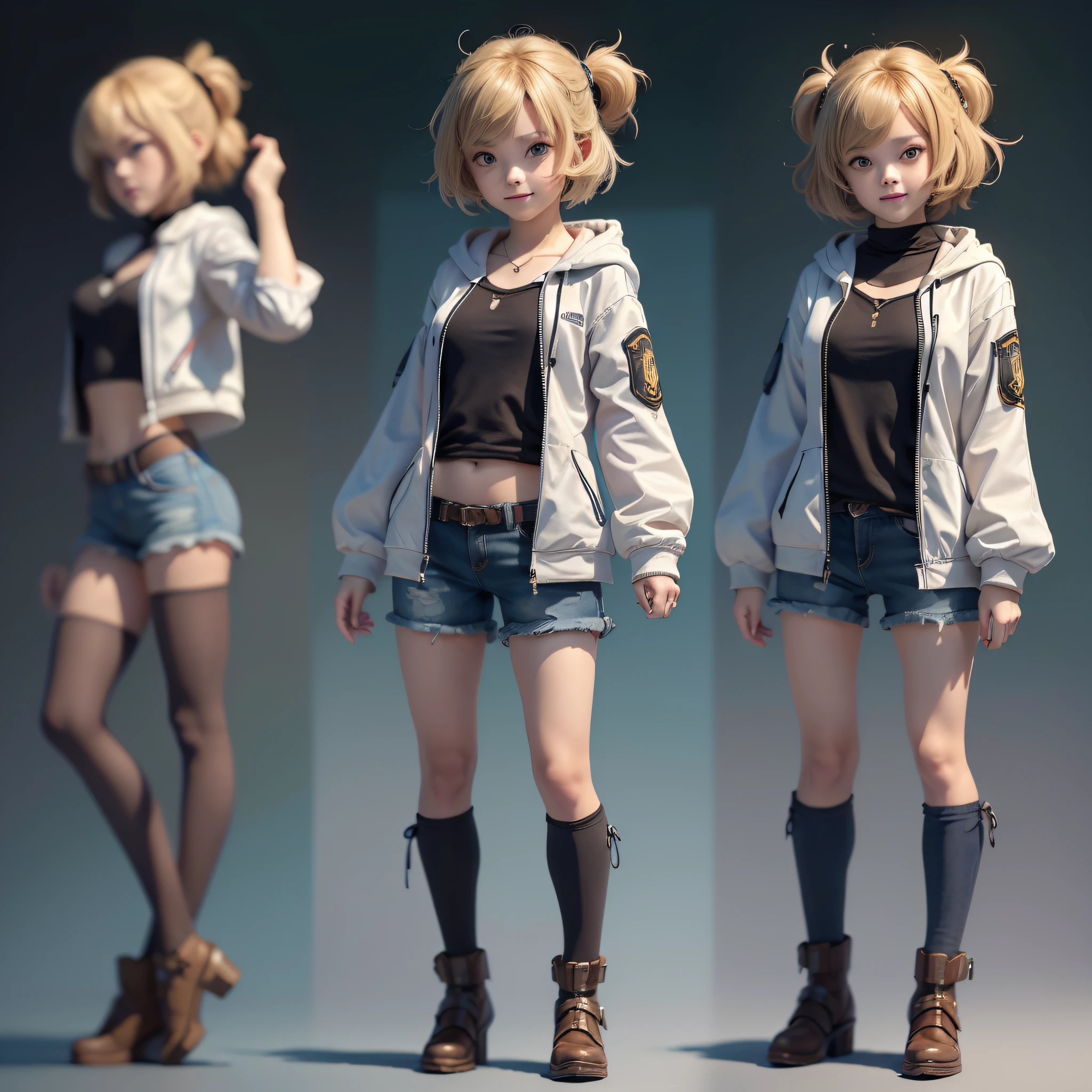 ((masterpiece)),((best quality))),(((character design sheet, same character, front, side, back)),(illustration), (1 CUTE ), FEMALE, JAPANESE ANIME STYLE, (Teen), smiling girl, (full body), (moletón coat and short shorts), blonde hair, black eyes, stylish stuck hair, cute, cute green eyes, scene change environment, pose too, charturnbetalora, (simple background, white background:  1.3) --auto --s2