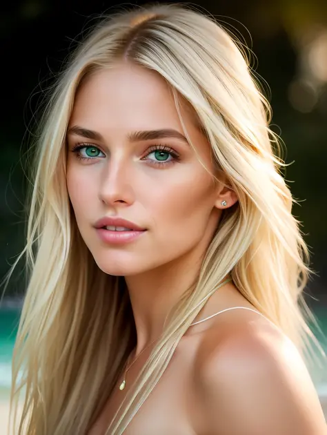 Cinematic soft lighting illuminates a stunningly detailed and ultra-realistic beautiful Australian supermodel, beach look, long messy windy blonde hair, clear green eyes, captivating perfect smile, sensual, hot woman, gorgeous, that is trending on ArtStati...
