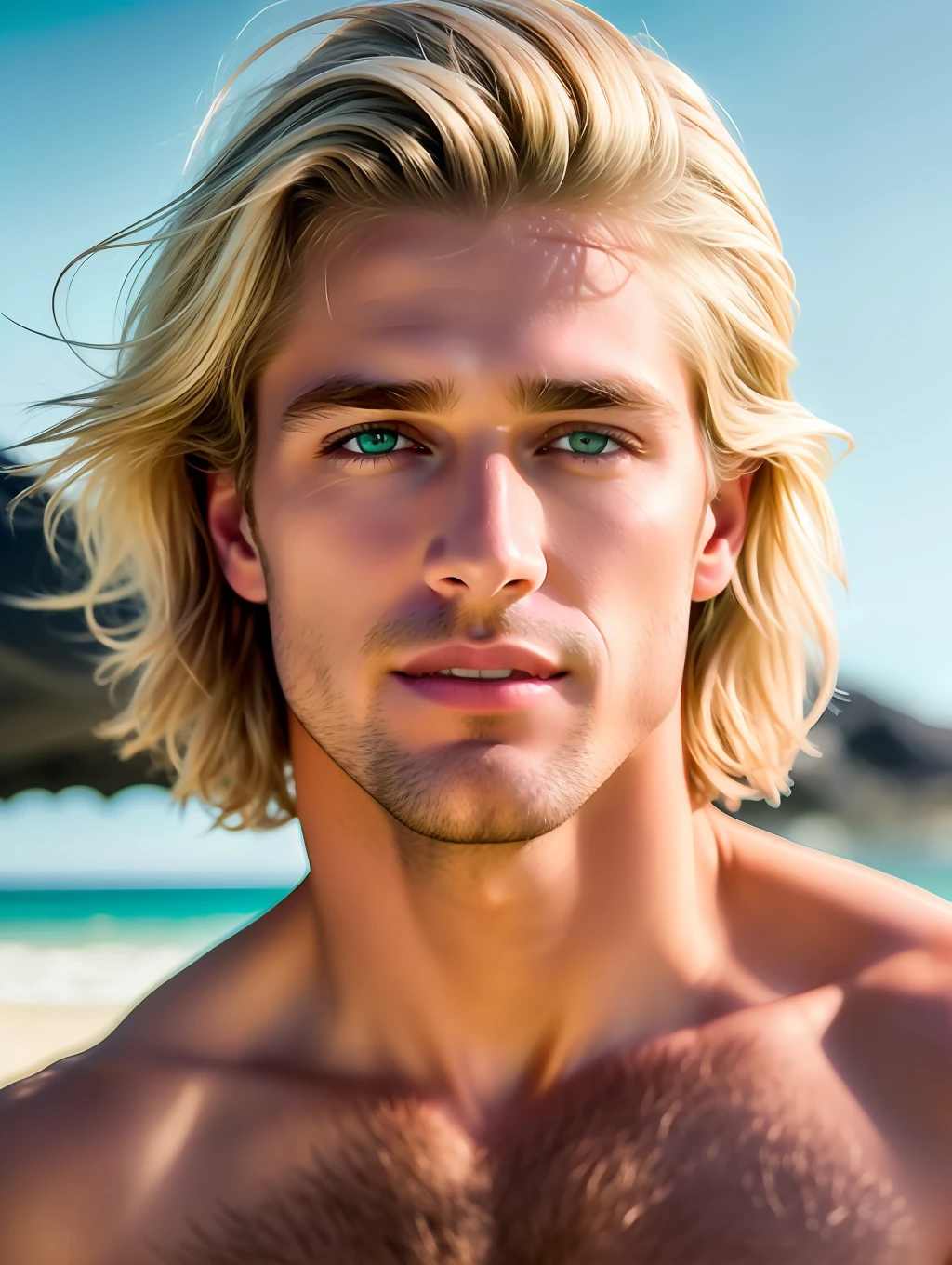 Cinematic soft lighting illuminates a stunningly detailed and ultra-realistic handsome Australian male supermodel, beach look, very short messy windy blonde hair, clear green eyes, captivating perfect smile, sensual, hot man, insanely handsome, that is trending on ArtStation. Octane is the perfect tool to capture the softest details of this 16k photography masterpiece.