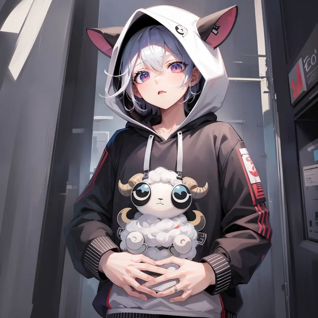 boy in hoodie with index finger to mouth, facing camera, upper body, tiger, tiger sticker, key anime art, digital art on project...