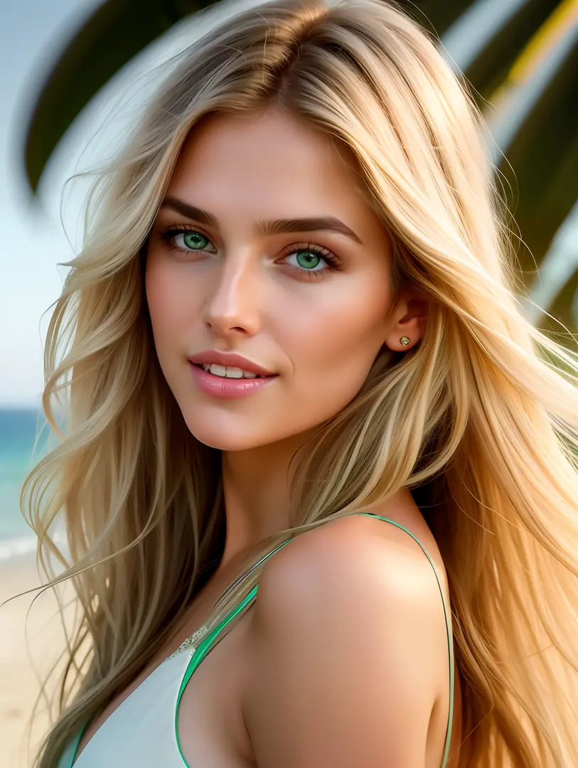 Cinematic soft lighting illuminates a stunningly detailed and ultra-realistic beautiful Greek supermodel, beach look, long messy windy dark blonde hair, clear green eyes, captivating perfect smile, sensual, hot woman, gorgeous, that is trending on ArtStati...