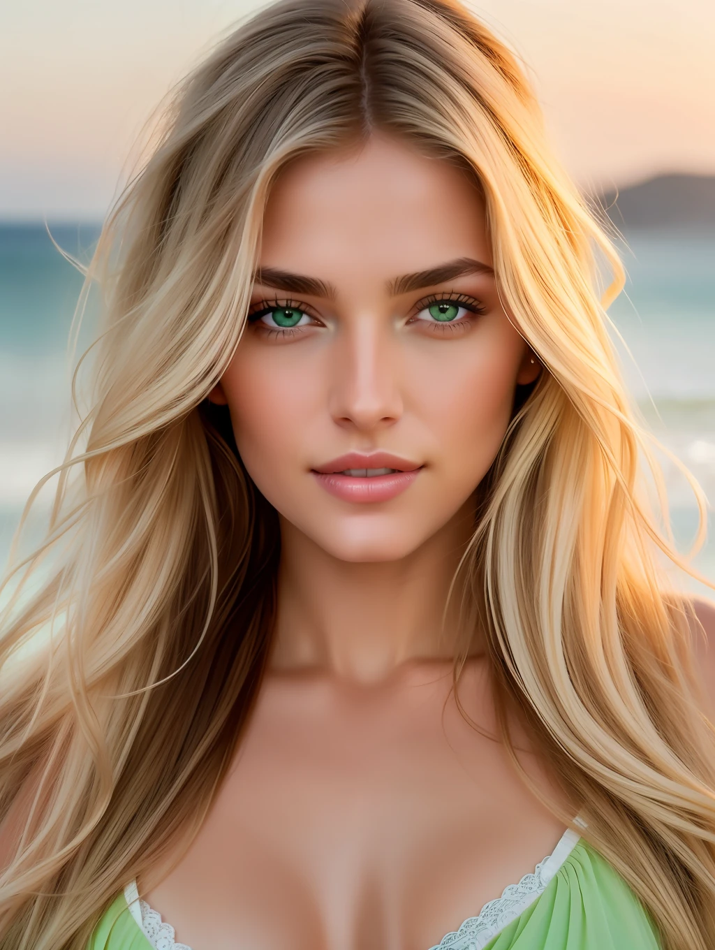 Cinematic soft lighting illuminates a stunningly detailed and ultra-realistic beautiful Greek supermodel, beach look, long messy windy dark blonde hair, clear green eyes, captivating perfect smile, sensual, hot woman, gorgeous, that is trending on ArtStation. Octane is the perfect tool to capture the softest details of this 16k photography masterpiece.