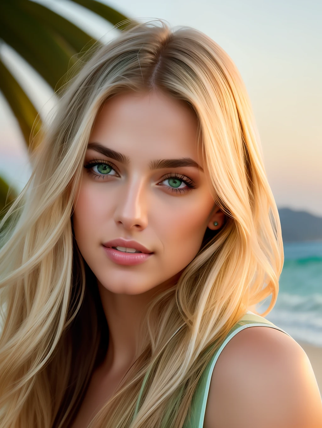 Cinematic soft lighting illuminates a stunningly detailed and ultra-realistic beautiful Greek supermodel, beach look, long messy windy dark blonde hair, clear green eyes, captivating perfect smile, sensual, hot woman, gorgeous, that is trending on ArtStation. Octane is the perfect tool to capture the softest details of this 16k photography masterpiece.
