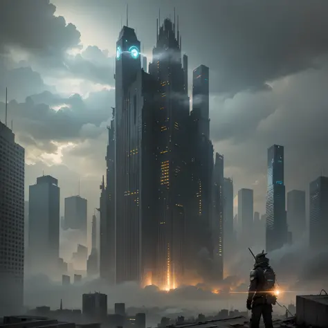(masterpiece, best quality, ultra-detailed), City in a post-apocalypse setting, charged clouds, gloomy tones, fog and dense smoke, a lonely figure on top of a building, city in ruins, abandoned metropolis, snuggled up somewhere cozy, bright lights in the d...