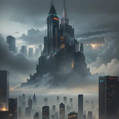 (masterpiece, best quality, ultra-detailed), City in a post-apocalypse setting, charged clouds, gloomy tones, fog and dense smoke, a lonely figure on top of a building, city in ruins, abandoned metropolis, snuggled up somewhere cozy, bright lights in the d...