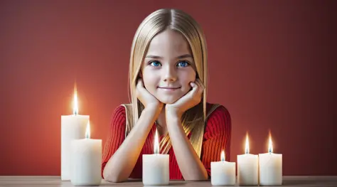 10 YEAR OLD GIRL STRAIGHT BLONDE HAIR,ULTRA REALISTIC, MASTERPIECE, , REALISTIC PHOTO, CANDLES AND FIRE, RED BACKGROUND (raw photo: 1.2), (photorealistic: 1.4), (best quality: 1.4), (ultra highres: 1.2), (highly detailed: 1.3), --auto --s2