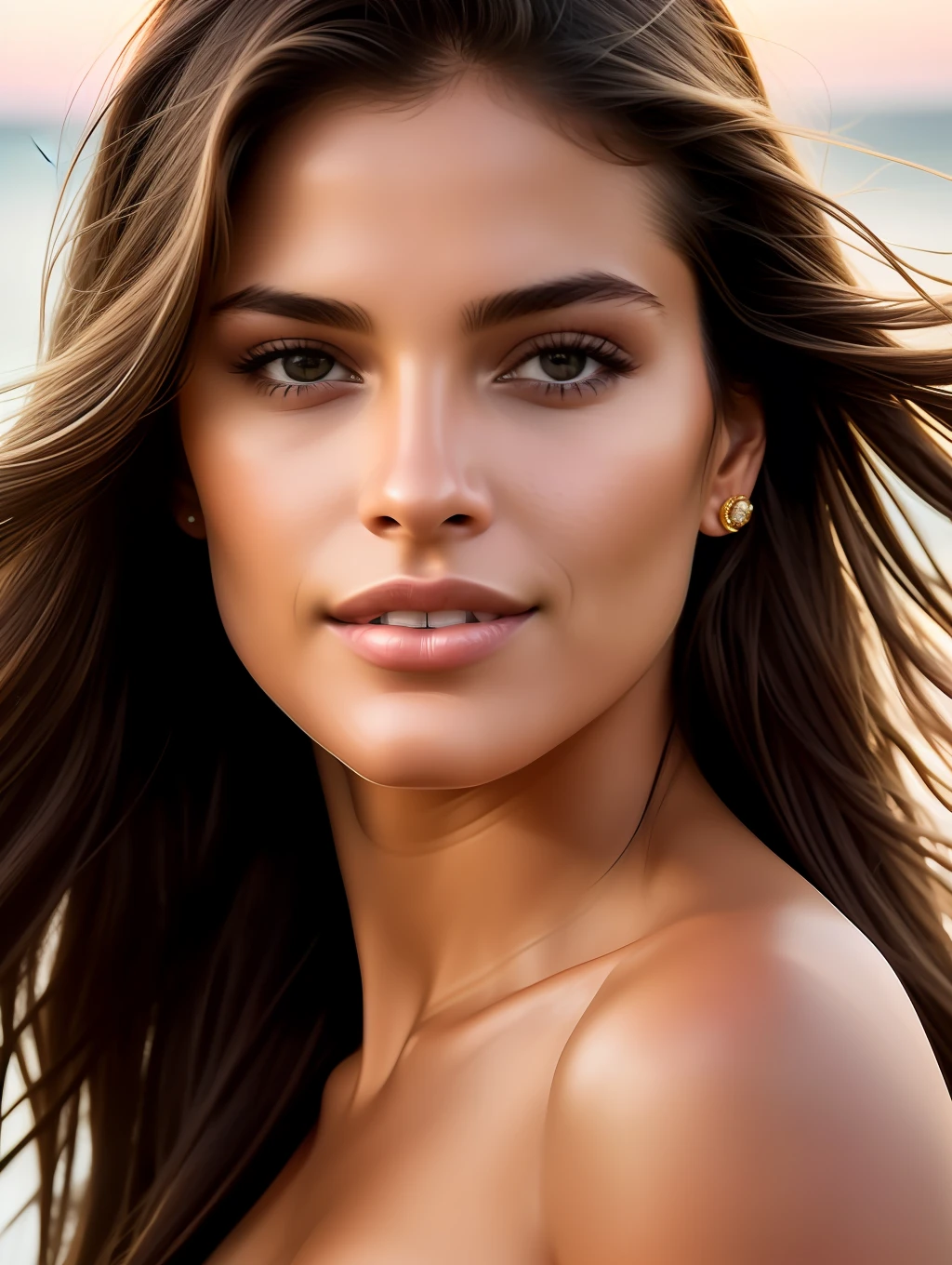 Cinematic soft lighting illuminates a stunningly detailed and ultra-realistic beautiful Brazilian supermodel, beach look, long messy windy brown hair, clear honey eye, captivating perfect smile, sensual, hot woman, gorgeous, that is trending on ArtStation. Octane is the perfect tool to capture the softest details of this 16k photography masterpiece.