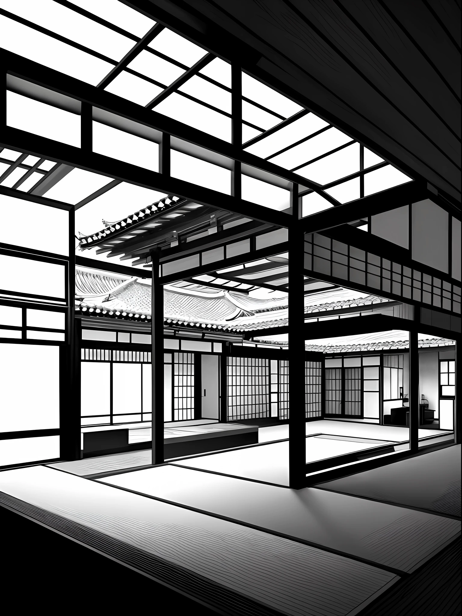 Japanese house with garden, Yoji Shinkawa style, black and white, print, super detailed