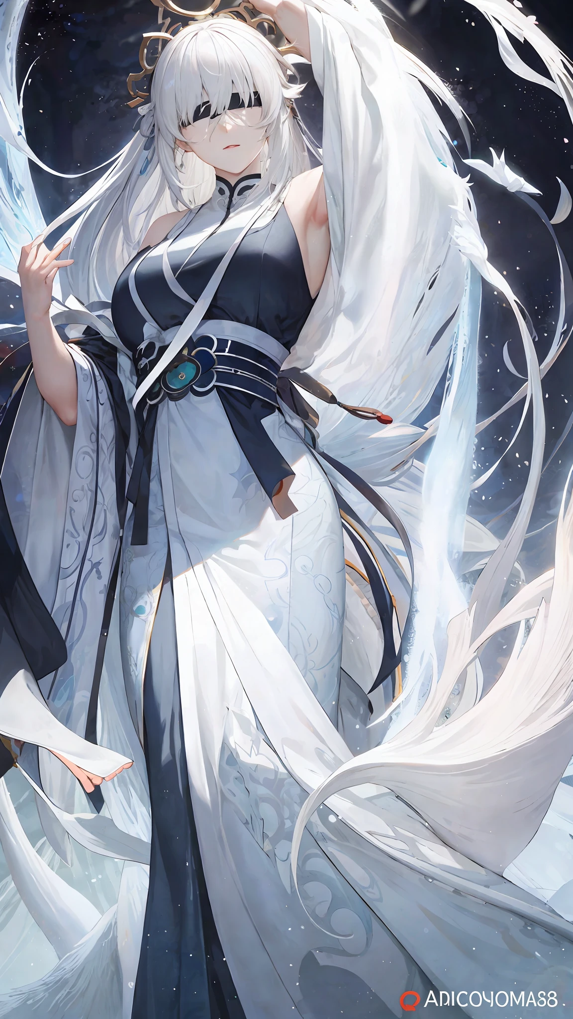 Close-up of a white-haired woman (white silk (blindfolded)), Hanfu antique beauty, floating hair, flying hair, beautiful figure painting, Guviz, Guvitz style artwork, white-haired god, Yang J, epic exquisite character art, stunning character art, Fan Qi, Wu Zhun Shifan, Gu Wiz in pixiv art station, magic elements, special effects, snow, magic, dust