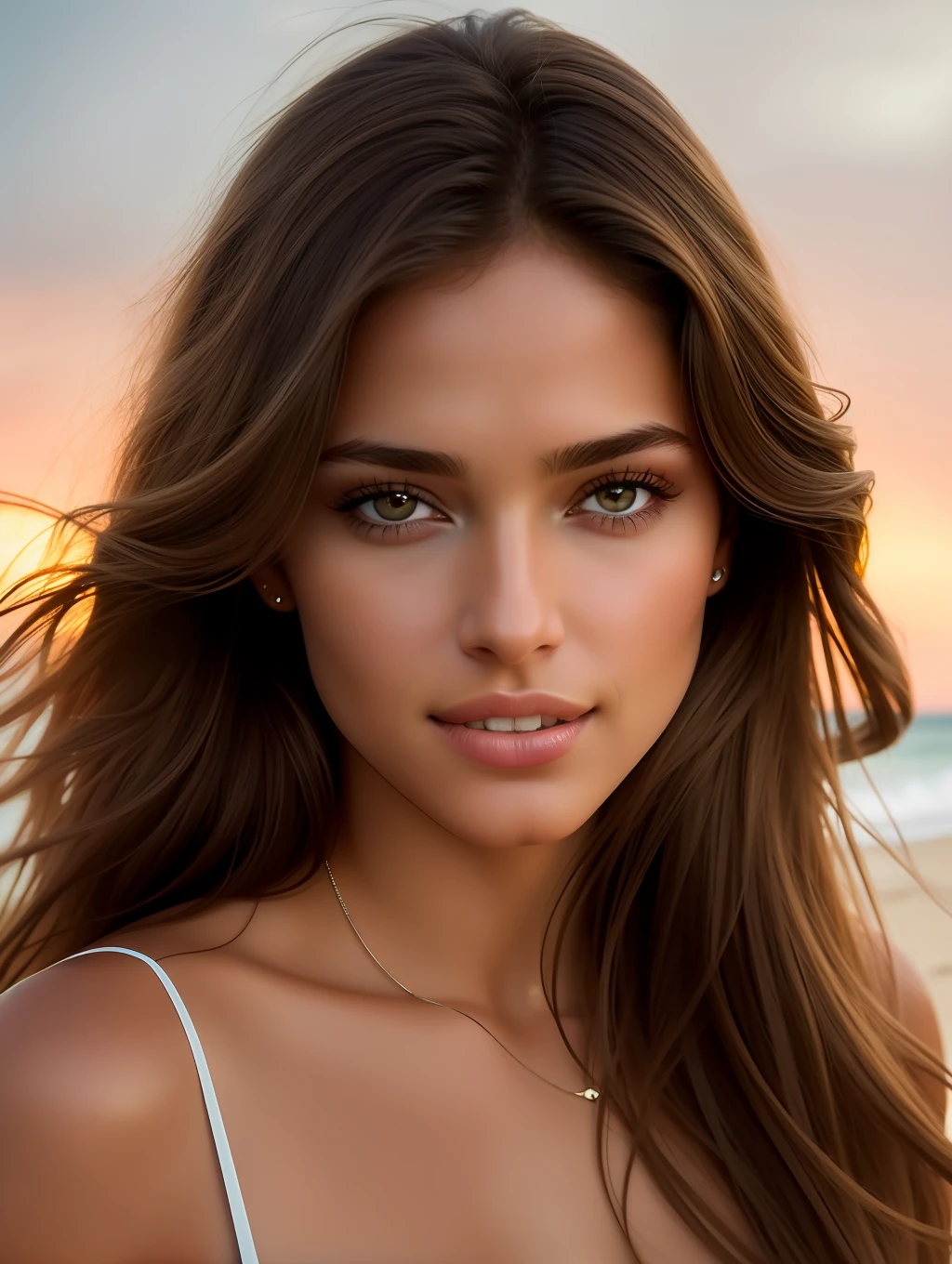 Cinematic soft lighting illuminates a stunningly detailed and ultra-realistic beautiful Brazilian supermodel, beach look, long messy windy brown hair, clear honey eye, captivating perfect smile, sensual, hot woman, gorgeous, that is trending on ArtStation. Octane is the perfect tool to capture the softest details of this 16k photography masterpiece.