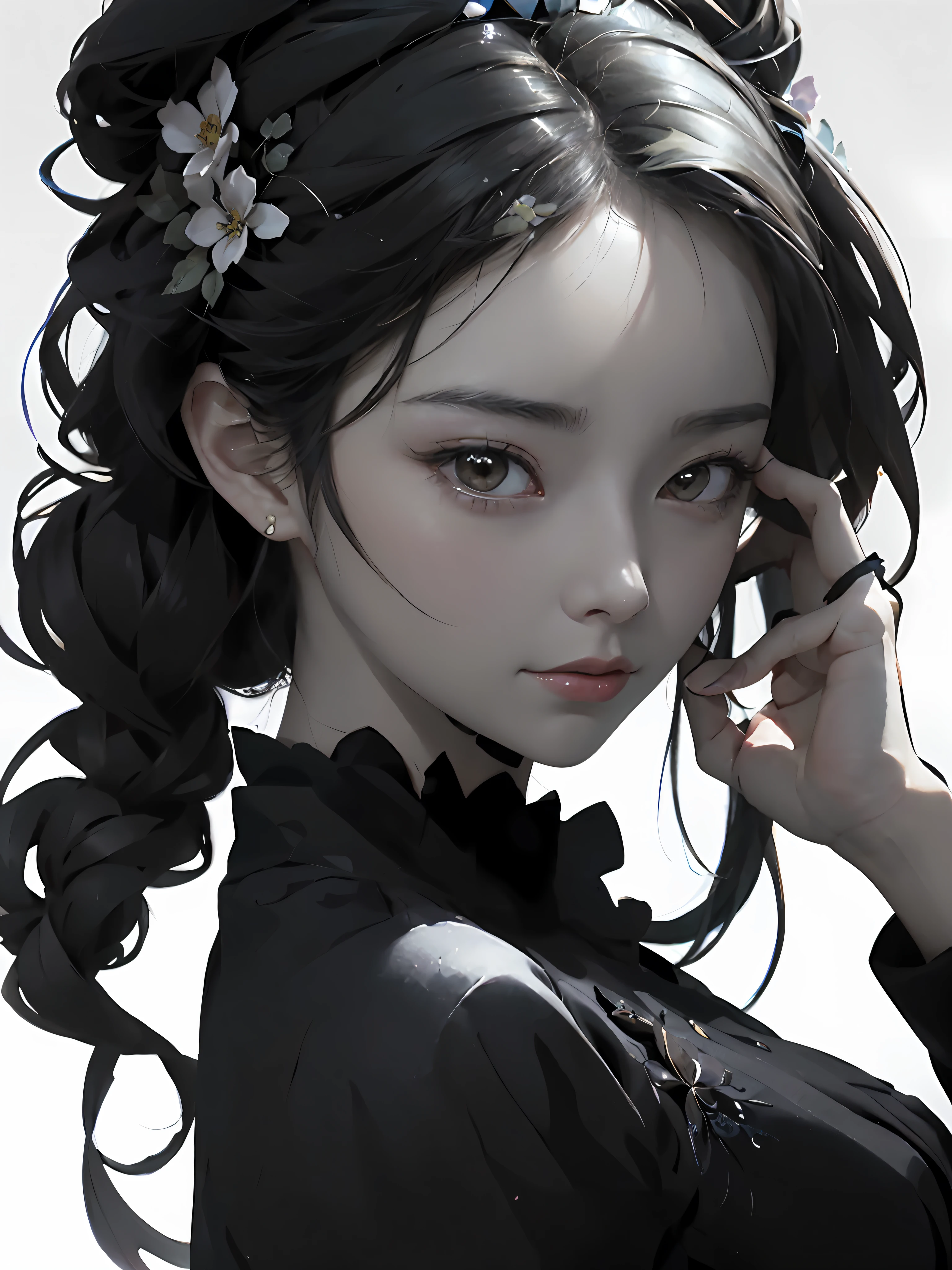 chica anime con cabello negro y flores en el cabello, obra de arte al estilo de guweiz, extremely detailed artegerm, artegerm portrait, retrato detallado de chica anime, artegerm. ilustración animada, artegerm. Alto detalle, hermoso retrato animado, by Yang J, guweiz, impresionante retrato de cara de anime, Ross dibuja un retrato